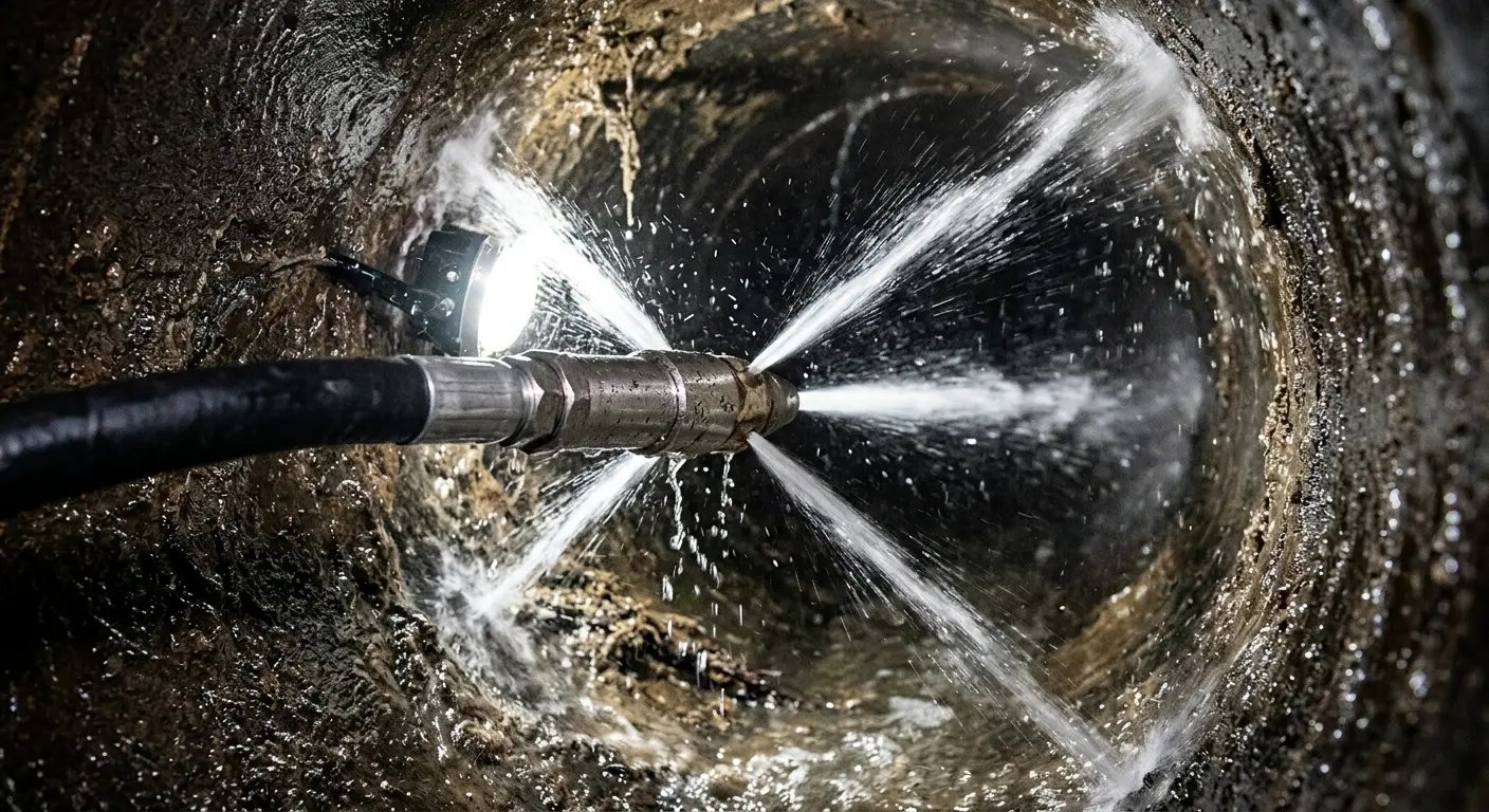 High-pressure hydro jetting nozzle cleaning sewer pipe for Sewer Line Relining in Clarinda