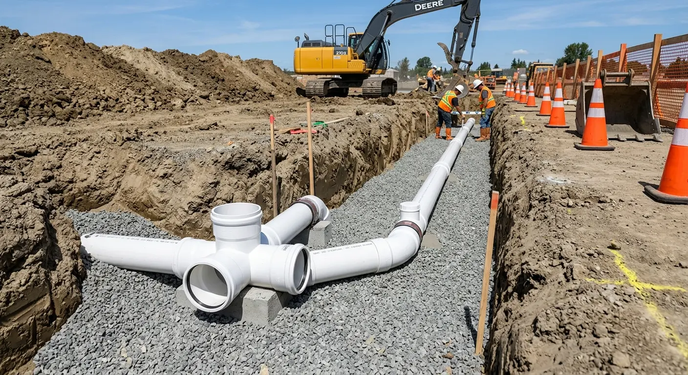 New PVC sewer pipe installation in open trench for Commercial Drain Cleaning in Clarinda