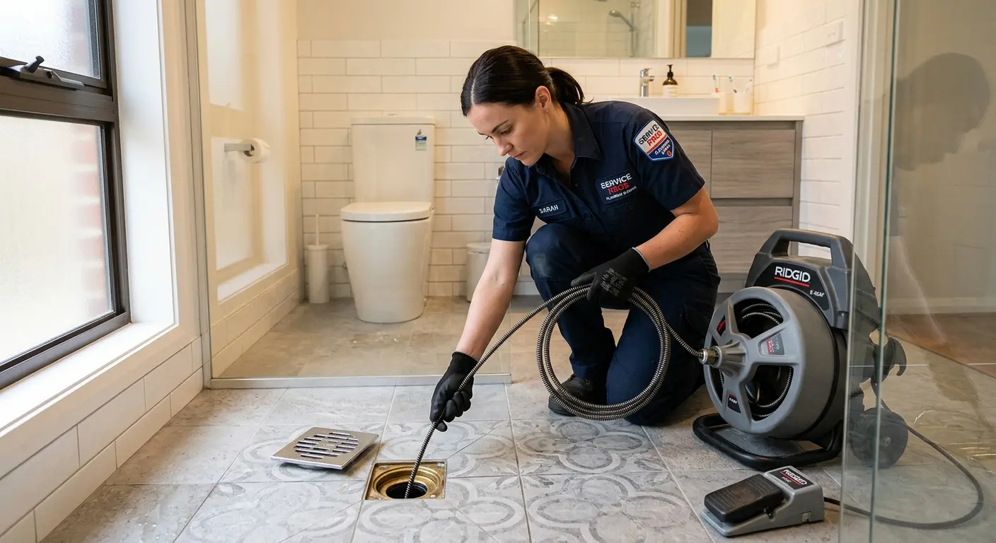 Technician clearing a bathroom floor drain for Hydro Jetting in Clarinda